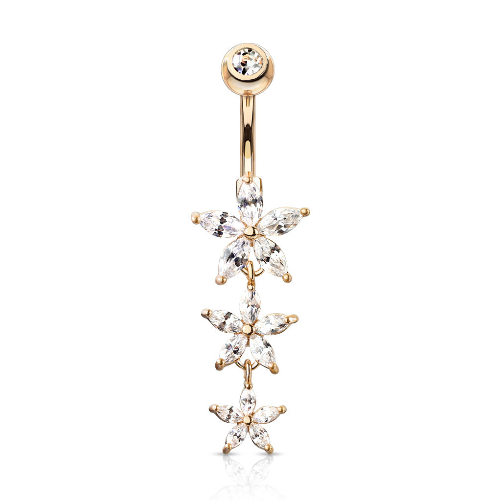 Triple Marquise CZ Flowers Dangle with Gemmed Top 316L Surgical Steel Belly Button Navel Rings